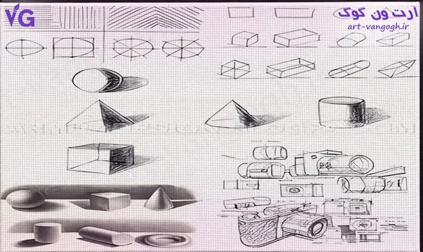 تمرین طراحی اشکال هندسی در آموزش سیاه قلم