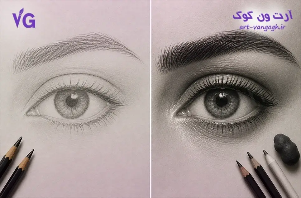 نتیجه تمرین طراحی مژه و ابرو در سیاه قلم