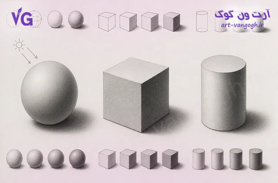 تمرین اشکال هندسی سیاه قلم برای یادگیری نور و سایه