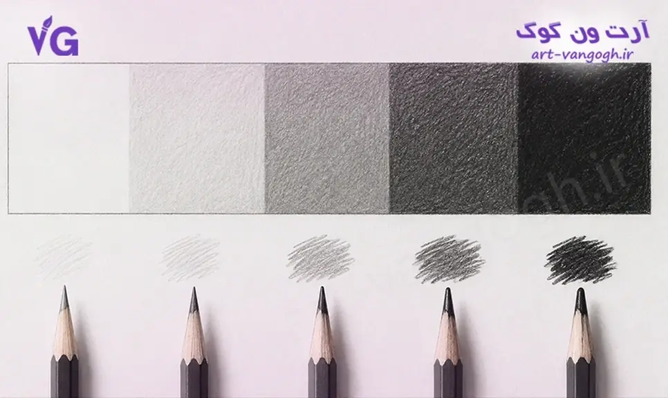 طیف خاکستری از سفید تا مشکی با مداد سیاه برای سایه روشن