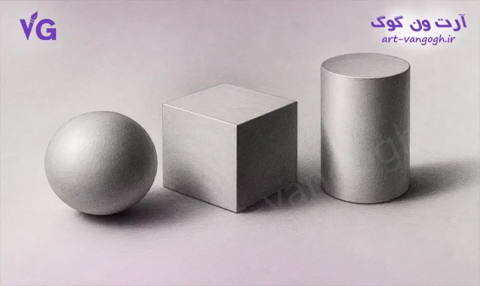 نمونه نهایی سایه روشن با مداد سیاه روی کره مکعب و استوانه